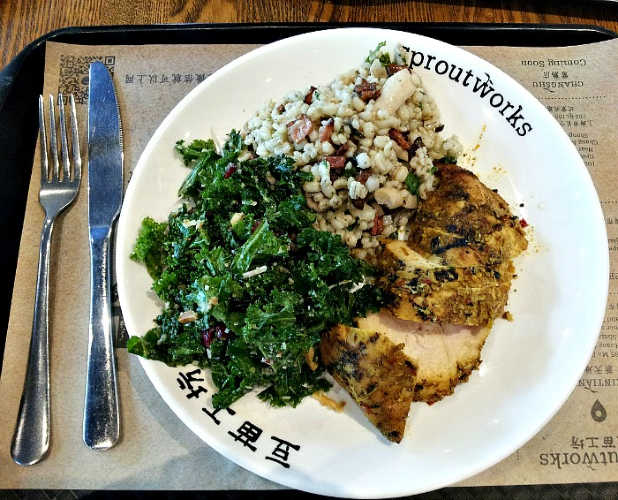 plate of chicken, barley and kale salads on a Sproutworks plate